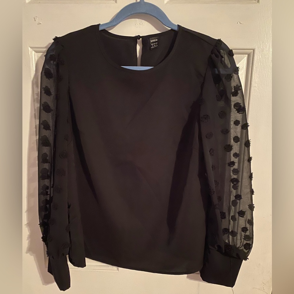 Black Blouse, Sheer Polka Dot Sleeves